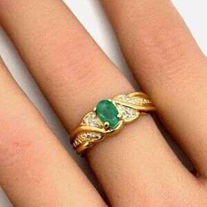 Green Emerald and Diamond Ring 10K Yellow Gold